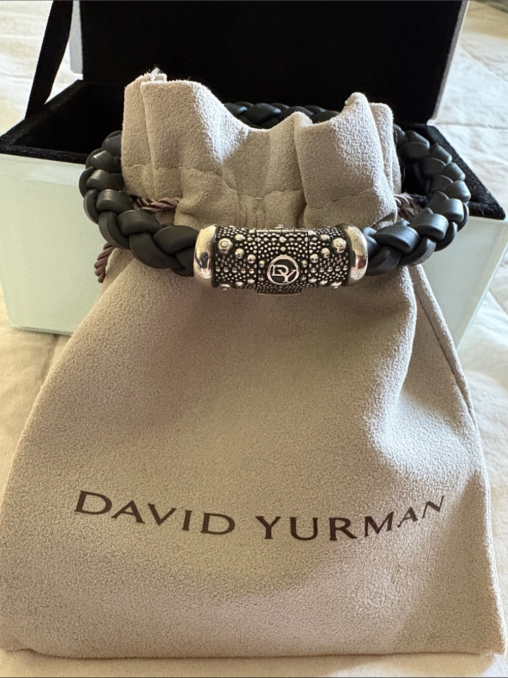 David Yurman Black Braided Leather Bracelet with Detailed Sterling Barrel